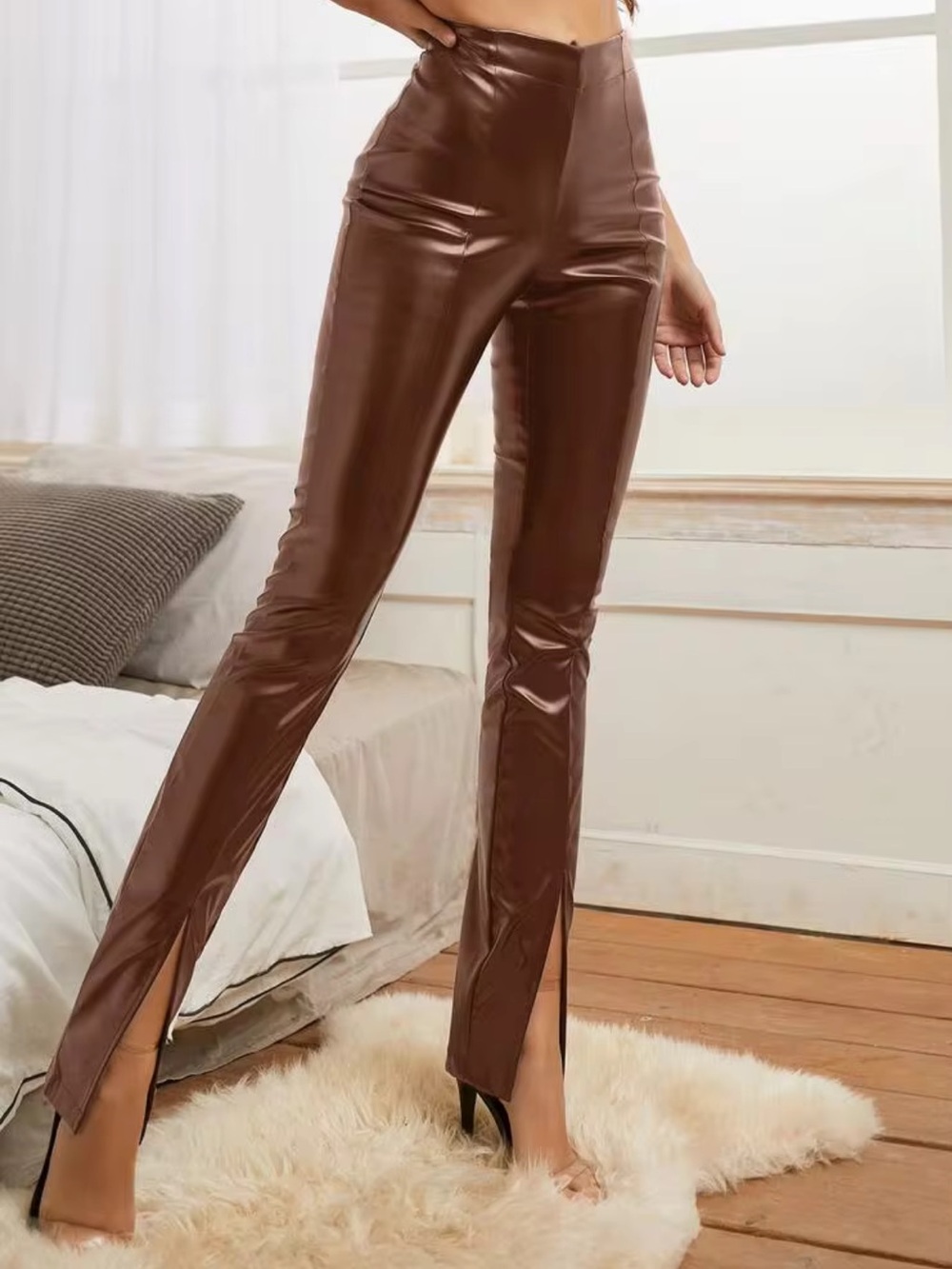 Brown Faux Leather slit hem pants